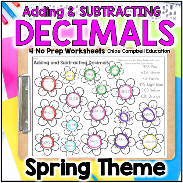 Adding & Subtracting Decimals Color by Number Spring Math Worksheets