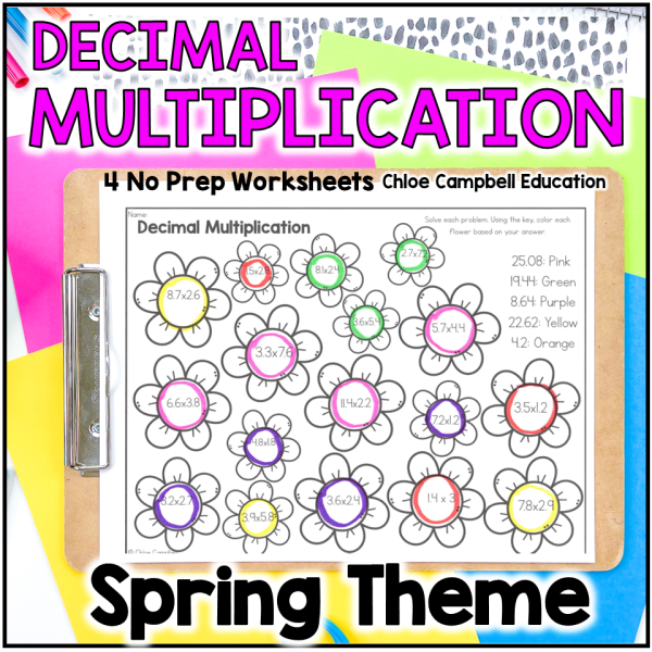 Multiplying Decimals - Spring Color by Number Math Worksheets