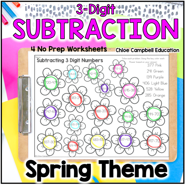 3 Digit Subtraction with Regrouping Spring Color by Number Worksheets