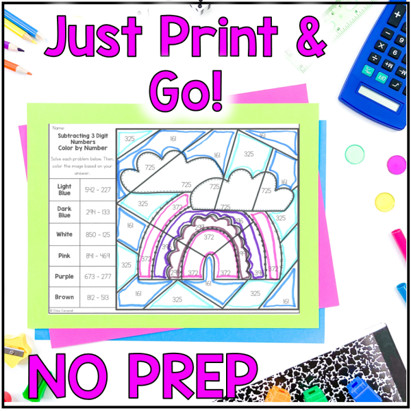 3 Digit Subtraction with Regrouping Spring Color by Number Worksheets - Image 3