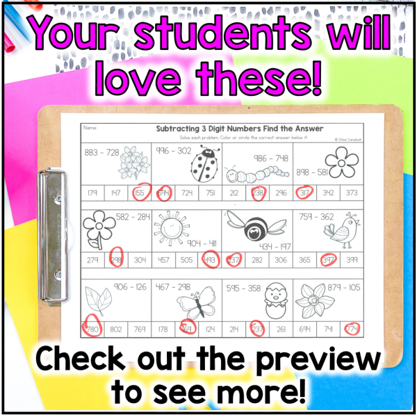 3 Digit Subtraction with Regrouping Spring Color by Number Worksheets