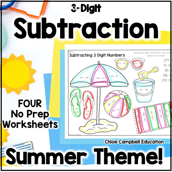3 Digit Subtraction with Regrouping Summer Color by Number Worksheets