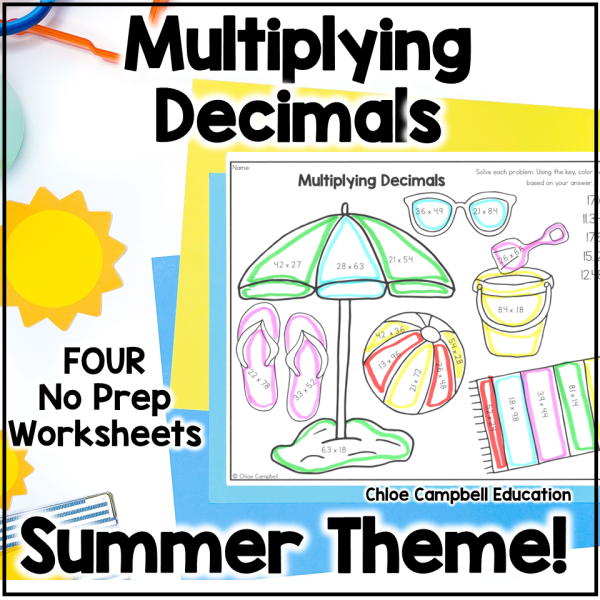 Multiplying Decimals - Summer Color by Number Math Worksheets