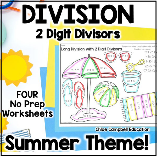 Long Division with 2 Digit Divisors - Summer Math Color by Number