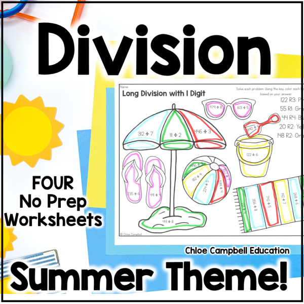 Long Division with Remainders Summer Math Color by Number Worksheets