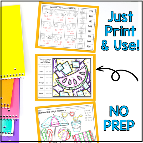 3 Digit Subtraction with Regrouping Summer Color by Number Worksheets - Image 3
