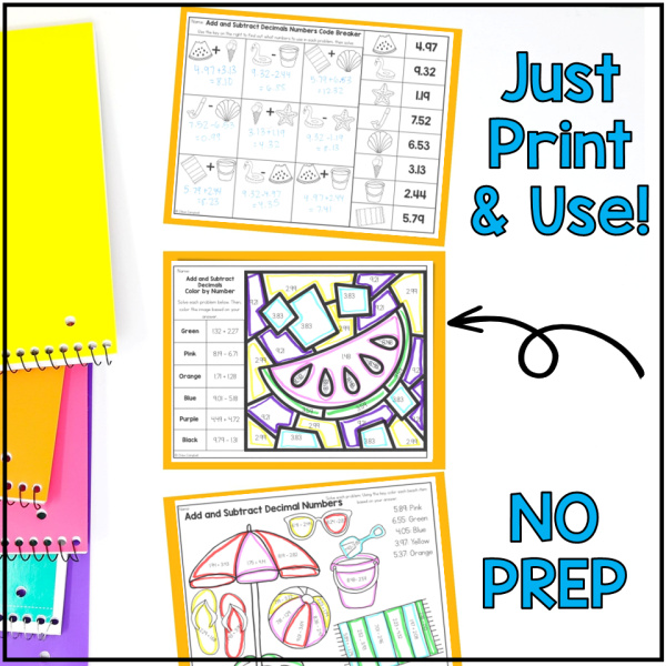 Adding & Subtracting Decimals Color by Number Summer Math Worksheets - Image 3