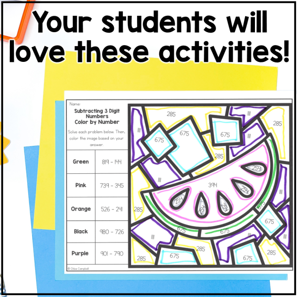3 Digit Subtraction with Regrouping Summer Color by Number Worksheets