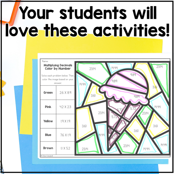 Multiplying Decimals - Summer Color by Number Math Worksheets