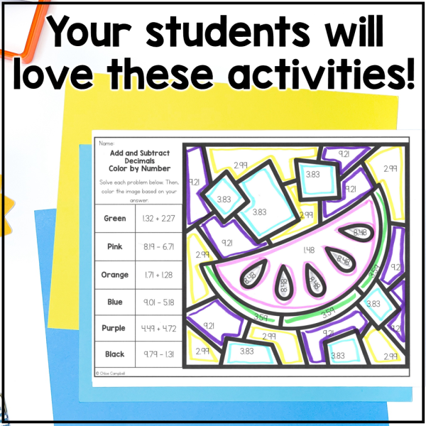 Adding & Subtracting Decimals Color by Number Summer Math Worksheets