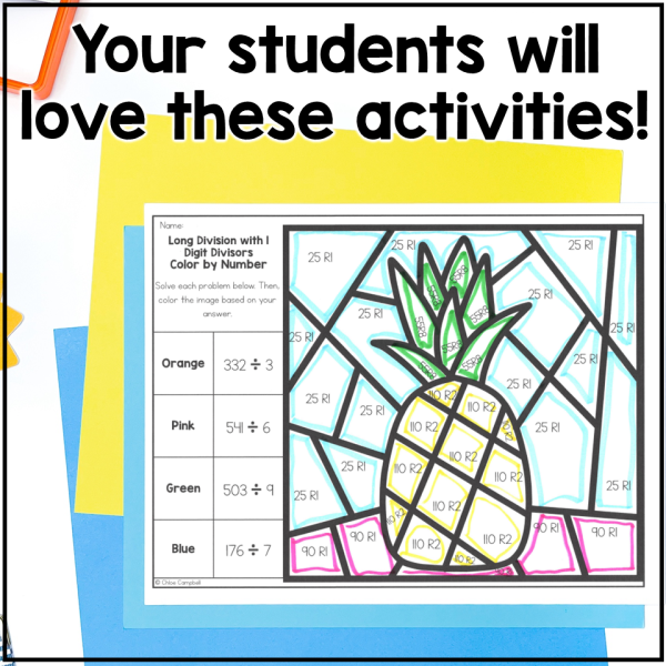 Long Division with Remainders Summer Math Color by Number Worksheets