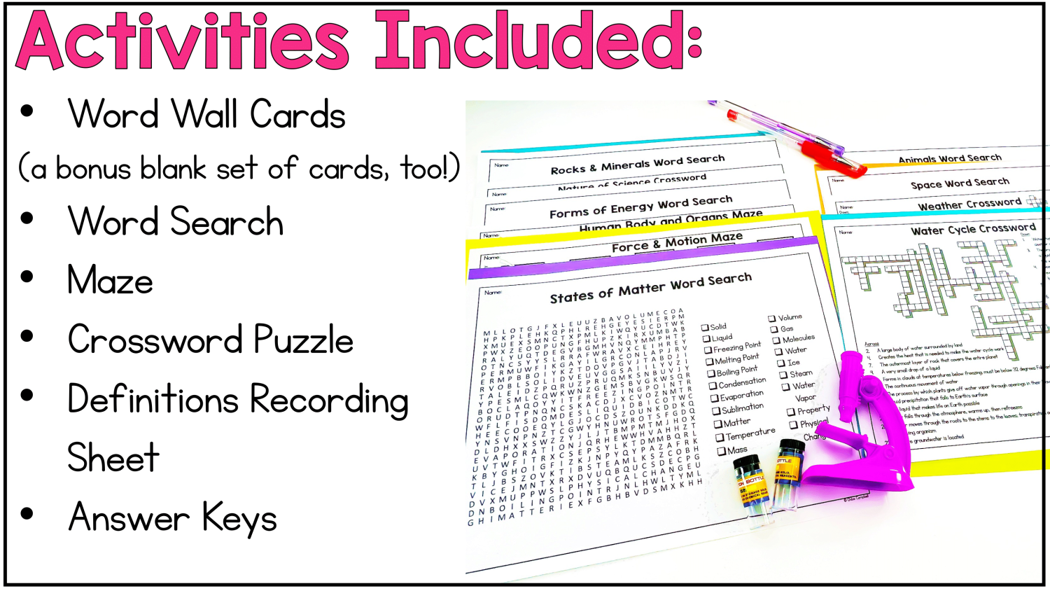 Summary and description of all 5th Grade Science Vocabulary Worksheets included in this bundle by Chloe Campbell Education