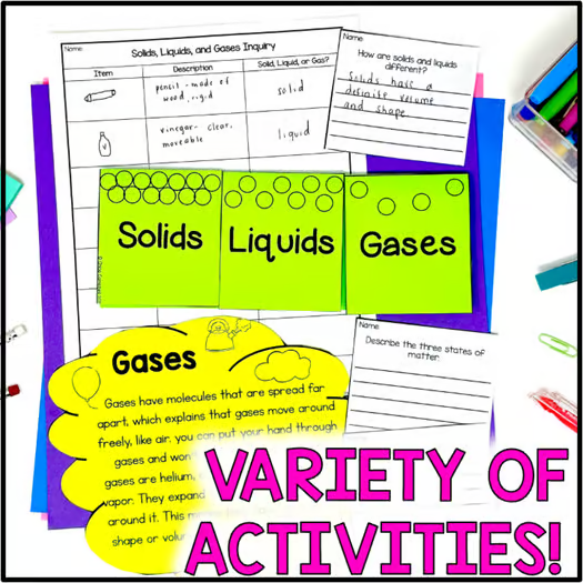 Image of products showing what the 5th grade science curriculum looks like - shows solids, liquids, and gases - highlights the variety of activities included.