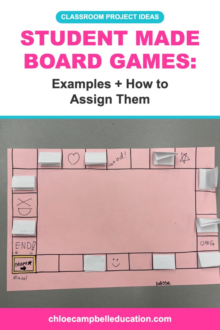 Student made board game on pink paper with flap question cards, under the title Student Made Board Games